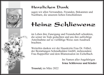 Traueranzeige von Heinz Schliewenz von Südthüringer Presse