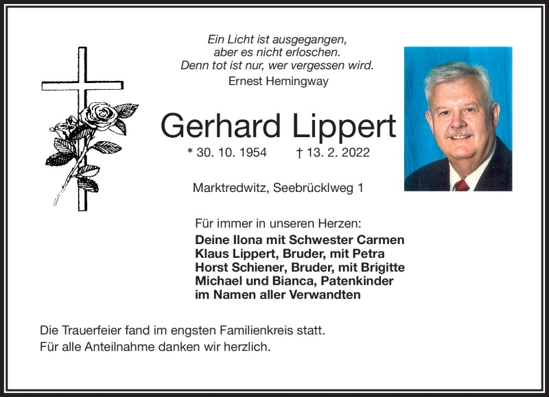  Traueranzeige für Gerhard Lippert vom 12.03.2022 aus Frankenpost