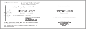 Traueranzeige von Helmut Greim von Frankenpost