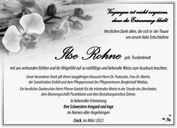 Traueranzeige von Ilse Rohne von Südthüringer Presse