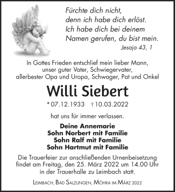 Traueranzeige von Willi Siebert von Südthüringer Presse