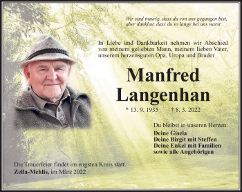 Traueranzeige von Manfred Langenhan von Südthüringer Presse