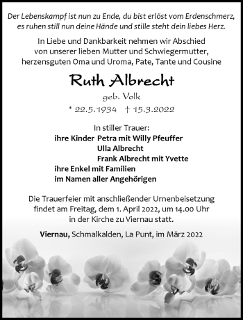 Traueranzeige von Ruth Albrecht von Südthüringer Presse