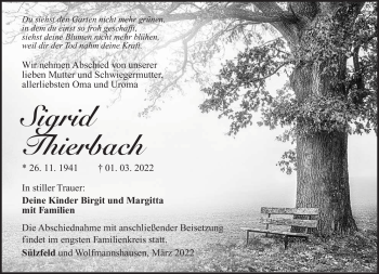 Traueranzeige von Sigrid Thierbach von Südthüringer Presse