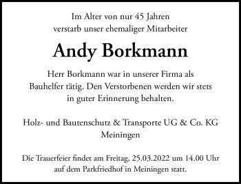 Traueranzeige von Andy Borkmann von Südthüringer Presse