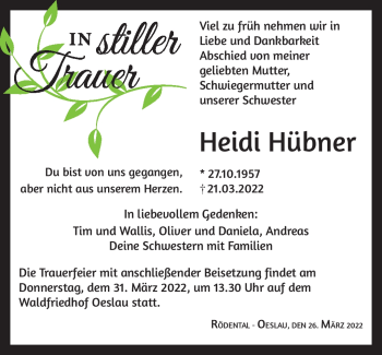 Traueranzeige von Heidi Hübner von Neue Presse Coburg