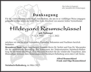 Traueranzeige von Hildegard Reumschüssel von Südthüringer Presse
