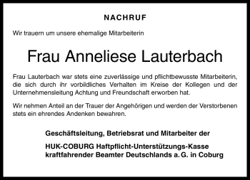 Traueranzeige von Anneliese Lauterbach von Neue Presse Coburg