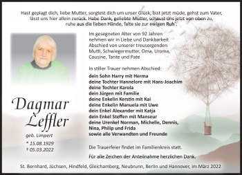 Traueranzeige von Dagmar Leffler von Südthüringer Presse