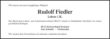 Traueranzeige von Rudolf Fiedler von Neue Presse Coburg