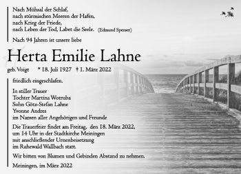 Traueranzeige von Herta Lahne von Südthüringer Presse