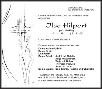 Traueranzeige von Ilse Hilpert von Frankenpost