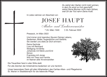 Traueranzeige von Josef Haupt von Frankenpost