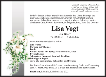 Traueranzeige von Lisa Vogt von Südthüringer Presse