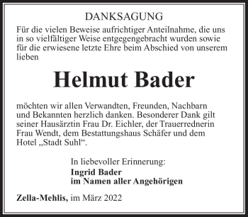 Traueranzeige von Helmut Bader von Südthüringer Presse