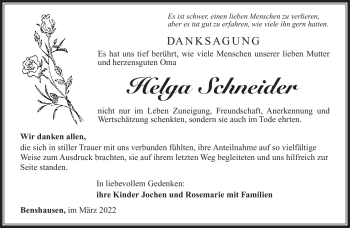 Traueranzeige von Helga Schneider von Südthüringer Presse