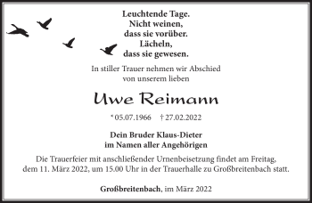 Traueranzeige von Uwe Reimann von Südthüringer Presse