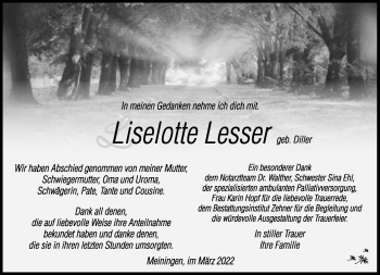 Traueranzeige von Lieselotte Lesser von Südthüringer Presse