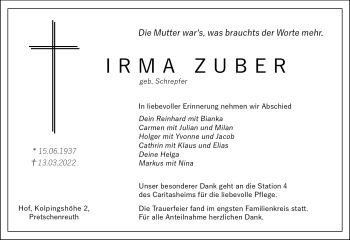 Traueranzeige von Irma Zuber von Frankenpost