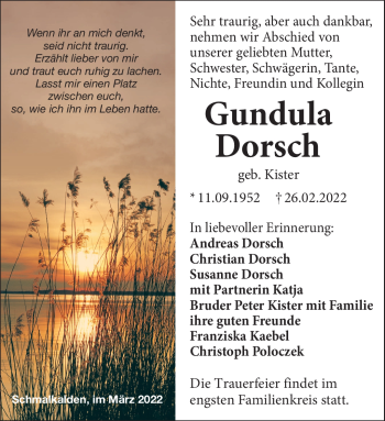 Traueranzeige von Gundula Dorsch von Südthüringer Presse