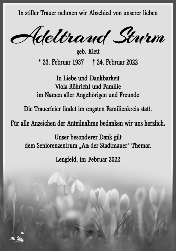 Traueranzeige von Adeltraud Sturm von Südthüringer Presse