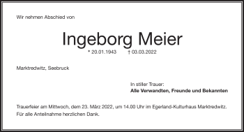 Traueranzeige von Ingeborg Meier von Frankenpost