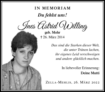 Traueranzeige von Ines Astrid Willing von Südthüringer Presse