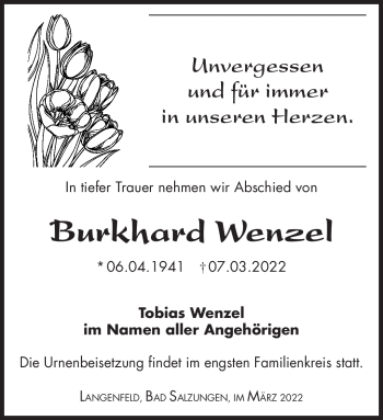 Traueranzeige von Burkhard Wenzel von Südthüringer Presse
