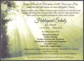 Traueranzeige von Hildegard Schulz von Südthüringer Presse
