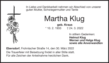 Traueranzeige von Martha Klug von Neue Presse Coburg