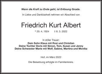 Traueranzeige von Friedrich Kurt Albert von Frankenpost