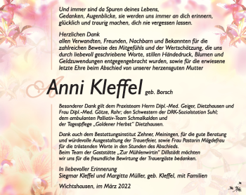 Traueranzeige von Anni Kleffel von Südthüringer Presse