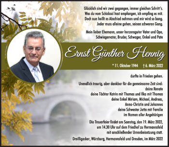Traueranzeige von Günther Hennig von Südthüringer Presse