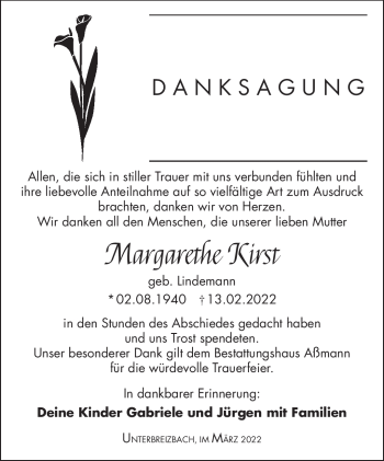 Traueranzeige von Margarethe Kirst von Südthüringer Presse