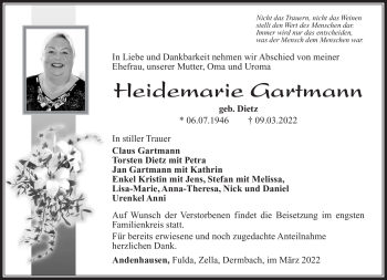 Traueranzeige von Heidemarie Gartmann von Südthüringer Presse