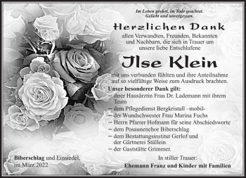 Traueranzeige von Ilse Klein von Südthüringer Presse