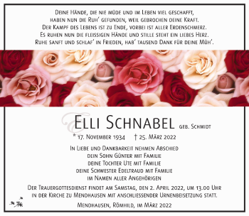Traueranzeige von Elli Schnabel von Südthüringer Presse