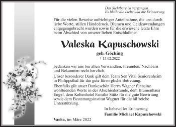 Traueranzeige von Valeska Kapuschowski von Südthüringer Presse