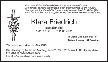 Traueranzeige von Klara Friedrich von Neue Presse Coburg