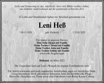 Traueranzeige von Leni Heß von Neue Presse Coburg