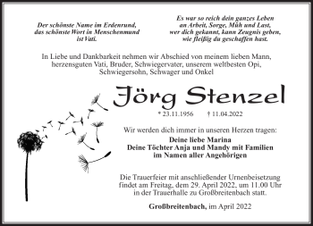 Traueranzeige von Jörg Stenzel von Südthüringer Presse