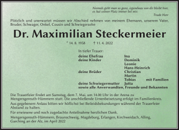 Traueranzeige von Maximilian Steckermeier von Südthüringer Presse