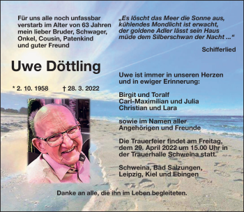 Traueranzeige von Uwe Döttling von Südthüringer Presse