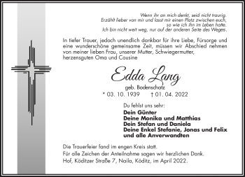 Traueranzeige von Edda Lang von Frankenpost