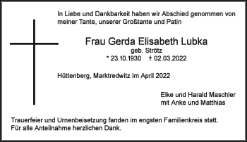 Traueranzeige von Gerda Elisabeth Lubka von Frankenpost