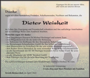 Traueranzeige von Dieter Weisheit von Südthüringer Presse