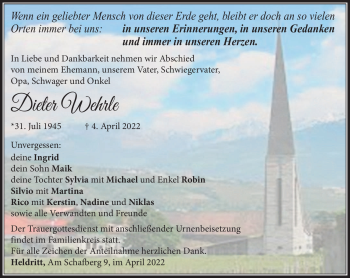 Traueranzeige von Dieter Wehrle von Südthüringer Presse
