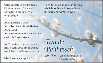 Traueranzeige von Traude Palitzsch von Südthüringer Presse