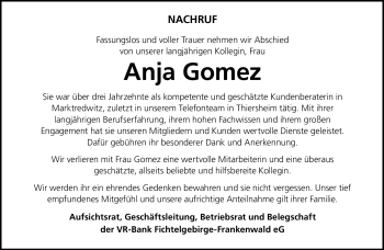 Traueranzeige von Anja Gomez von Frankenpost