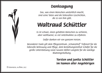 Traueranzeige von Waltraud Schüttler von Südthüringer Presse